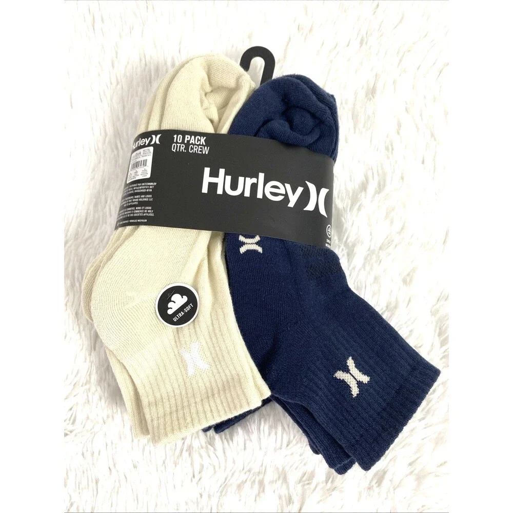 Hurley Quarter Crew Socks Sport Mens Designer Cushioned 10 Pack Navy Beige White